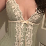 Fairy Coquette Tank Top y2k Women Lace Floral V Neck Spaghetti Strap Sleeveless Vest with Bow 2000s Aesthetic Clothing