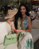 Women Fashion Tie Dye Printing Sheer Maxi Dress Sexy Pleated Deep V-neck Bodycon Maxi Dresses Vocation Beach Party Robe