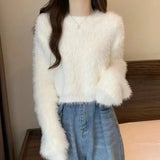 Women's Fuzzy Knitt Top Long Sleeve Mock Neck Fluffy Sweater Pullovers Cozy Plain Jumper Teen-girl Fall Winter Y2K Outfit