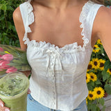 Vintage Y2K Sweet Ruffles White Tank Tops Single-Breasted Slim Cute Fairy Eyelet Tops Women 2024 Ladies Chic Camisole Clothes