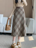 Faux Woolen Plaid Long Skirt Women Vintage Slim High Waist Back Slit Belt Skirts Korean Fall Winter Elegant Long Skirts New