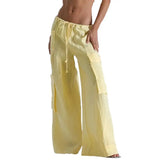 Pbong  Women's Y2K Cargo Long Pants Solid Color Drawstring Elastic Low Waist Wide Leg Trousers with Multi Pockets Streetwear