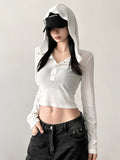 Hooded Long Sleeve Crop Tops Sheer Knit White Casual Shirts for Women Korean Fashion Clothes