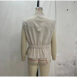 Pbong  Linen Blend Stand Collar Sleeveless Pocket Vest Cinched Waist Sleeveless Summer Women Outerwear Minimal Chic Lady Chaleco