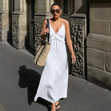 Pbong  New Women's V-Neck Halter Backless Dress Loose Ruffle Sleeveless Casual Office Lady High Street Long Dress