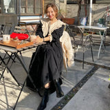 Large Turn Down Collar A-line Long Dress 2025 New Patchwork Belt Chic Black Spring Dress Loose Ruffle Fashion Summer Dresses