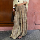 Pbong  Vintage Print Elastics Waist With Pockets Pant Women's Summer Plaid Contrast Color Straight Leg Trousers Chic Loose Bottoms