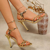 Pbong  Fashion Rhinestone High Heels Sandals for Women Sandals Ankle Cross-Tied Stiletto Heeled Party Shoes Woman Sandalias