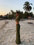 Women Sexy See Through Patchwork Long Skirt Set Fashion Long Sleeve Lace-up Shirt Tops Suit New Vocation Beach Outfits