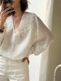 Pbong  Flower Embroidery Shirt for Women Long Sleeve V Neck Blouses Chic Korean Vintage Blouse Tops Female