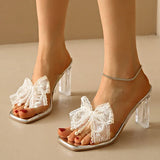 Pbong  Lace Pearl Bowknot High Heel Slippers for Women Summer Square Toe Transparent Heeled pvc Sandals Woman Fashion Party Dress Shoes
