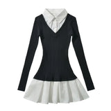 Turn Down Collar Pleat Short Dress Fashion Chic A-line Knitting Women Dress Cotton Blend Student School Dress Academic Style