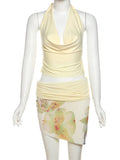 Temperament 2-Piece Set Women Halter Backless Swing Collar Tops+Wear Both Front And Back Patchwork Skirts Matching Suits
