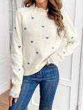 Women's Elegant Heart- Lace Trim Drop Shoulder Sleeve Round Neck Sweater - Soft Pullover with Delicate Lace Accents, All-Season