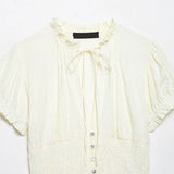 Pbong  Women Ruched Trim Round Collar Tops Fashion Single Breasted Puff Short Sleeve Blouses Female Bow Lace-Up Pleated Elastic Shirts