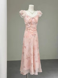 French Holiday Style Sweet Summer Dresses Women New Fashion Floral Pink Chic Long Dress Female Elegant Korean Popular Clothes