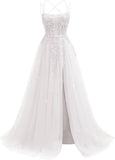 Pbong  Lace Applique Sparkly Tulle Prom Dresses for Women with Slit Spaghetti Straps Backless A Line Long Ball Gown