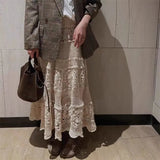 Korean Fashion Skirts Gentle Heavy Industry Vintage French Hollow Out Hook Flower Design Knit Skirt Vintage A-line Skirt