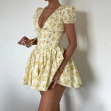 Pbong  French Style Retro Floral A-Line Dresses Female Sexy Low-Cut V-Neck Puff Short Sleeve Dress Woman Summer High Waist Mini Dress