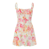 Pbong  Women's Elegant Flower Print Low Cut Tie-Up Sleeveless Cami Bodycon Corset Short Dress Summer Backless Party Clubwear