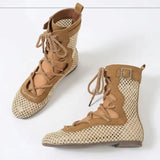 Pbong  Korean-Style Lace-Up Hollow-Out Shoes for Women, Summer New Breathable Sandals, Beach Ballet Flats, Woven Mesh Mid-Calf Boots