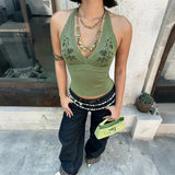 Pbong  Women's Sexy V-Neck Camisole Top Floral Embroidered Spaghetti Strap Halter Tank Lace Trim Sleeveless Shirt Summer Fashion Casual