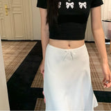 Elegant White Women Satin Skirt Fairycore Ruffle Mid Skirts Coquette A-line Basic Casual Korean Style Summer Silk Skirt