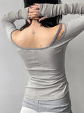 Slash Neck Patchwork Long Sleeve Slim Basic Casual Tees Side Shirring Womens T Shirt
