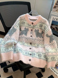 Sweet Pink Cartoon Cardigan Sweaters Women Vintage Lazy Wind Long Sleeve Cute Knitted Coat Casual Japan Kawaii Loose Tops
