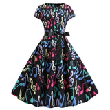 Retro Women's round Neck Printed Dress with Sleeve Ribbon Large Swing Black Silk Vintage Style Cleanfit mid Waist Cotton Dress