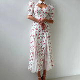 Pbong  Floral Print Long Dress For Women Puff Sleeve Hollow Out Lace Patchwork High Waist Dress Lady Sexy Elegant Holiday Dress