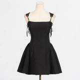 Black Y2K Retro A-line Short Dress Summer Bandage Elegant Chic Slip Women Dress 2025 New Fashion Square Collar Party Dresses