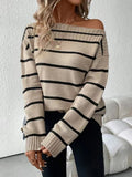 Autumn and winter fashion elegant off shoulder striped long sleeved women's knitted sweater