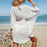 Boho Beach Wear Cover-up Casual Deep V Neck Lace Dresses for Women Robe Bat Sleeves White Cotton Rayon Swim Cover Up Vestidos