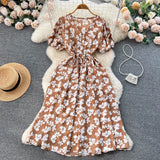 Pbong  Women Dress Fashion Romantic Floral Print Drawstring Waist Long Summer Dress Vacation Korean Party Vestidos
