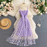 Women Dress 2025 New Korean Fashion Floral Print Spaghetti Straps Mesh Party Dress Vacation Style Lady Beach Vestidos