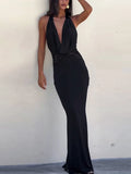 Halter Deep V Neck Sexy Maxi Dress For Women Gown Black Lace Off-shoulder Backless Sleeveless Bodycon Long Dress