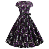 Retro Women's round Neck Printed Dress with Sleeve Ribbon Large Swing Black Silk Vintage Style Cleanfit mid Waist Cotton Dress