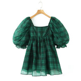 Pbong  Sweet Green Gingham Plaid Organza Ball Gown Dress Puff Sleeve Retro Women Swing Short Princess Robe Fairy Cake Vestidos