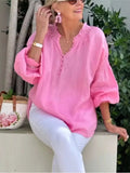Pbong  Long Sleeve V Neck Button Blouses And Tops Daily Elegant Top Female Fashion Cotton Linen Solid Loose Shirts Women Summer Casual