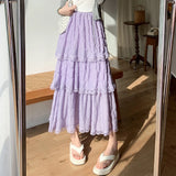 Pbong  Sweet Lace Women Cake Puff Chiffon Skirts Summer Stylish Tierred Pleated Hem Solid Long Skirt Korean A-Line High Waist Skirts