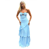 Fashion Sexy Backless Strapless Maxi Dress Women Ruched Elegant Mesh Patchwork Ruched Ruffles Vacation Street Outfits