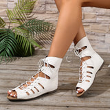Pbong  White Hollow-Out Lace-Up Roman Sandals for Women, Summer New Open-Toe Flat Shoes with Hidden Height, High-Top Vacation-Style