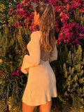Stripe Knitted Slim Fitting Short Dress Sexy Flare Long Sleeve Backless Beach Dress Solid Color Casual Chic Vacation Robes Femme