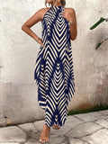 Pbong  Women's Halter Neck Chevron Print Maxi Dress - Loose Fit Summer Casual