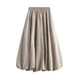 Pbong  Women's Elegant Elastic High Waist Solid Color A-Line Pleated Puffball Hem Casual Flowy Balloon Bud Midi Skirts