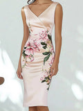Sexy Bodycon Midi Dress Women Summer Sleeveless V-neck Slim Flower Print Dresses Elegant