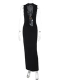 Hollow Out Halter Sexy Maxi Dress Women Summer New Metal Decoration Sleeveless Slim High Waist Long Dress Elegant