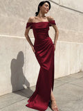 Satin Off-shoulder Sexy Maxi Dress Women Fashion Strapless Sleeveless Backless Side Split Ruched Evening Long Dress