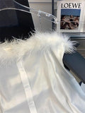 Pbong  Korean Luxury Faux Fur Off Shoulder White Shirt Women Backless Chain Straps Sexy Basic Blouse Female Button Up Aesthetic Top